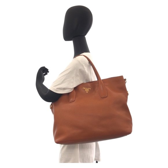 PRADA Vitello Dino Brown Leather Tote Bag Gold Hardware Shoulder 2way - Picture 9 of 10